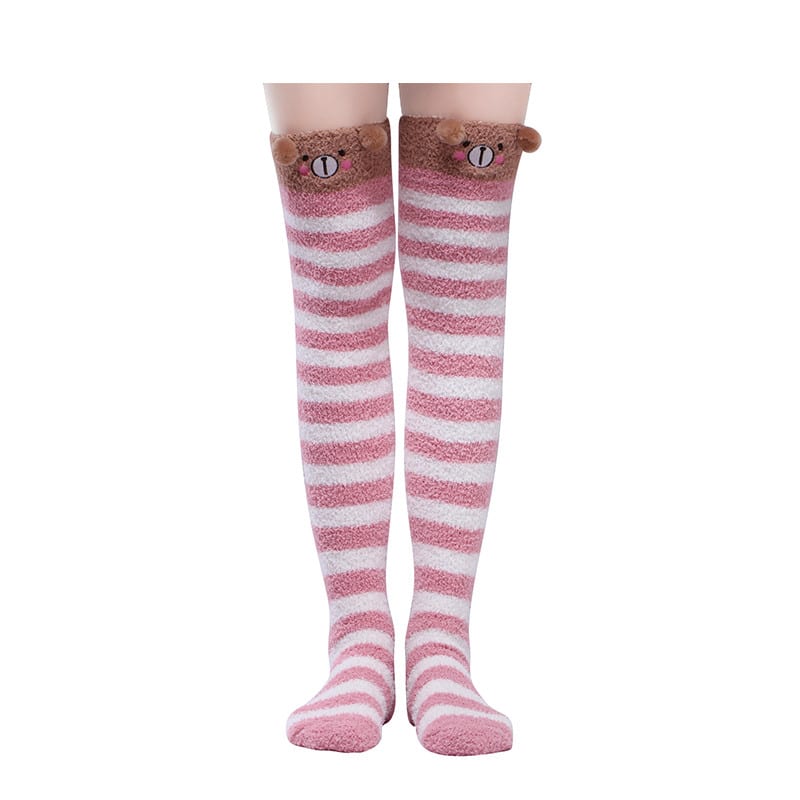 Cute Animal Coral Fleece Thigh High Socks 2 Pack- Sheep White & Bear Red