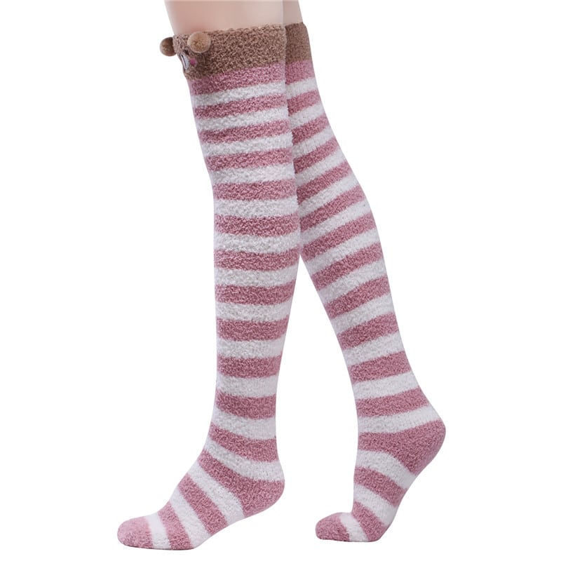 Cute Animal Coral Fleece Thigh High Socks 2 Pack- Sheep White & Bear Red