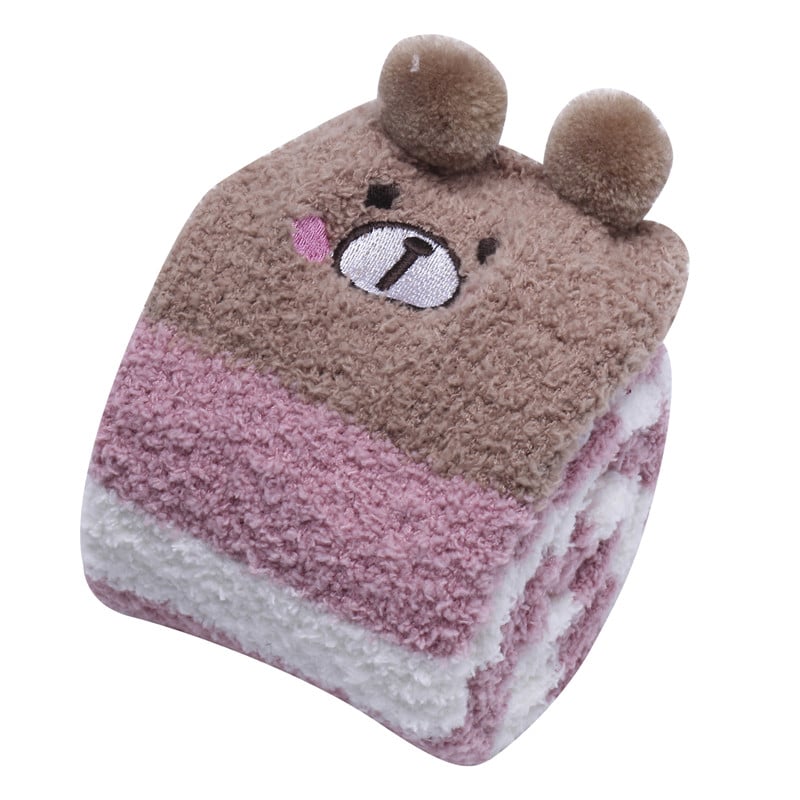 Cute Animal Coral Fleece Thigh High Socks 2 Pack- Sheep White & Bear Red