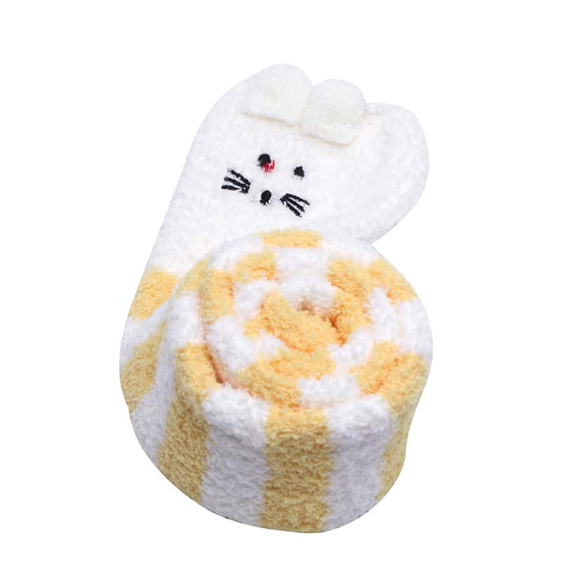 Cute Animal Coral Fleece Thigh High Socks 2 Pack- Sheep Color & Cat Yellow