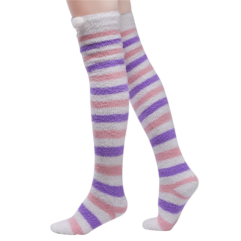 Cute Animal Coral Fleece Thigh High Socks 2 Pack- Sheep Color & Cat Yellow