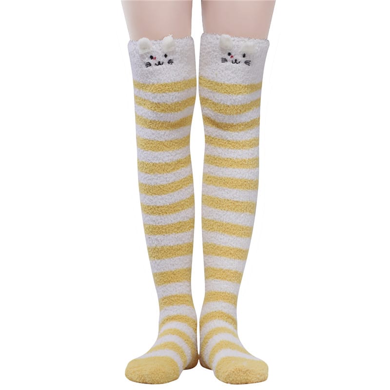 Cute Animal Coral Fleece Thigh High Socks 2 Pack- Sheep Color & Cat Yellow