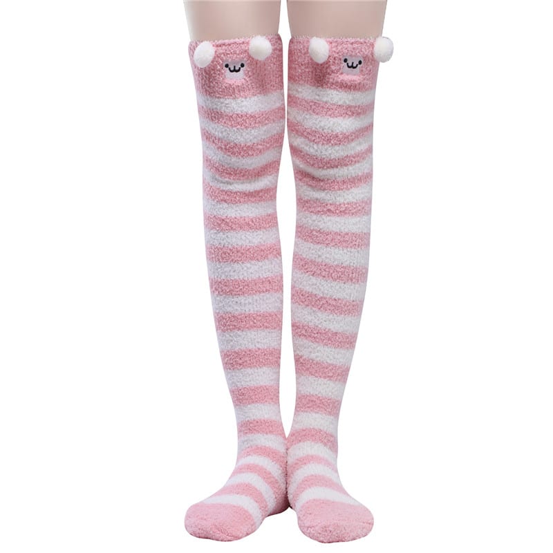 Cute Animal Coral Fleece Thigh High Socks 2 Pack- Sheep Pink & Panda Blue