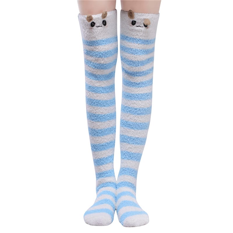 Cute Animal Coral Fleece Thigh High Socks 2 Pack- Sheep Pink & Panda Blue