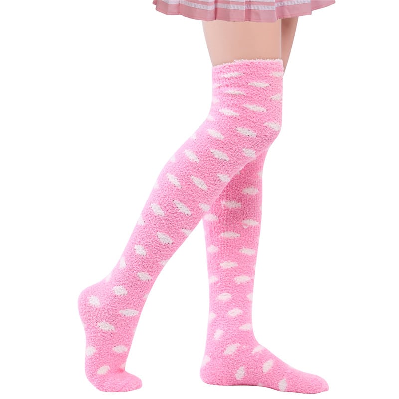 Coral Fleece Thigh High Socks 2 Pack- Dotted Pink & Purple Set