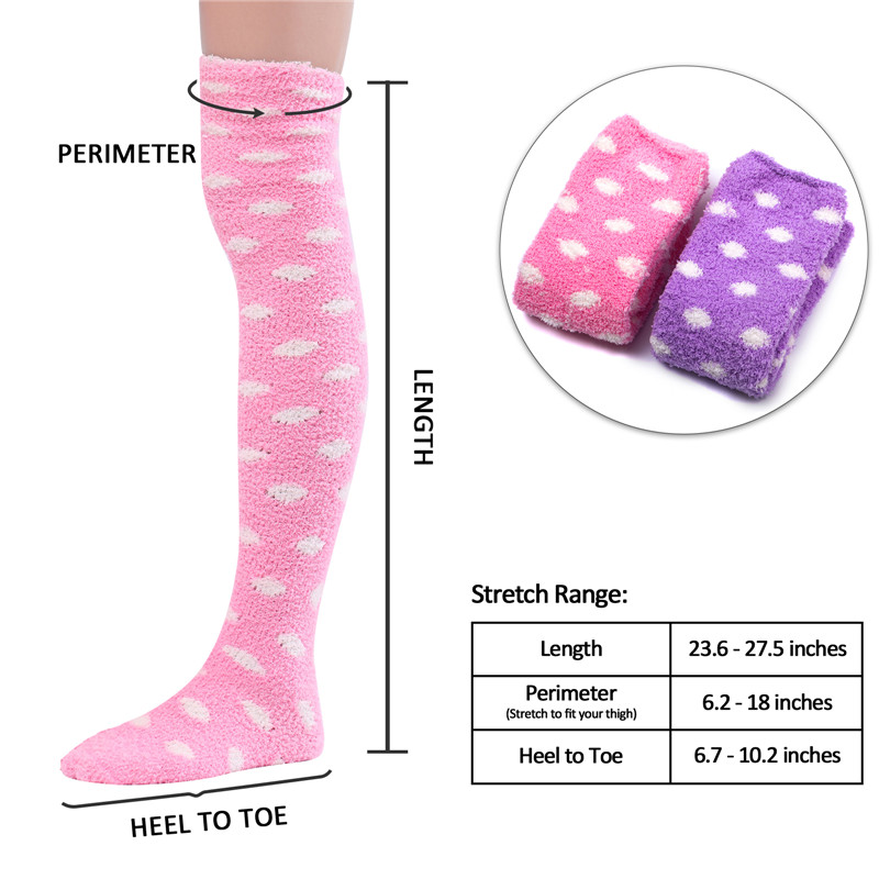 Coral Fleece Thigh High Socks 2 Pack- Dotted Pink & Purple Set