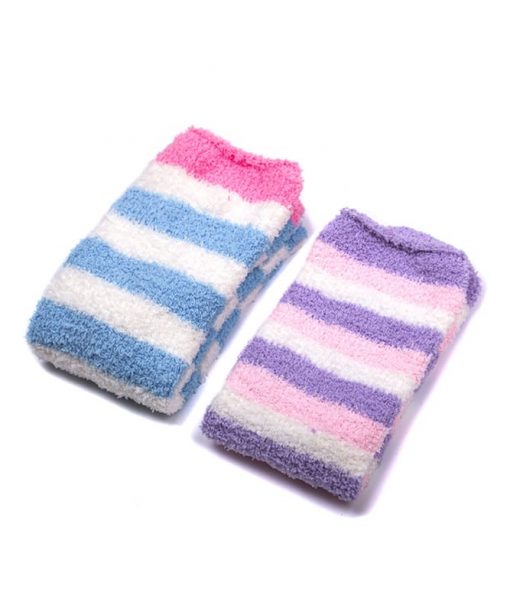 Coral Fleece Thigh High Socks 2 Pack- Striped Blue & Purple Set