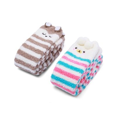 Cute Animal Coral Fleece Thigh High Socks 2 Pack- Owl & Colorful Bear