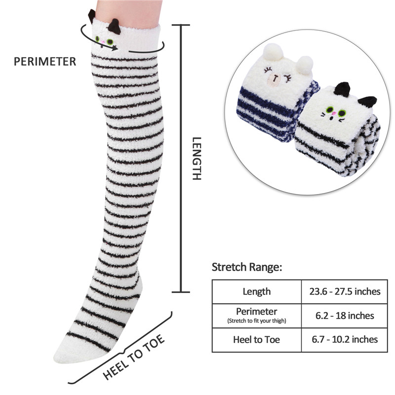 Cute Animal Coral Fleece Thigh High Socks 2 Pack-Bluewhite Bear & Blackwhite Cat