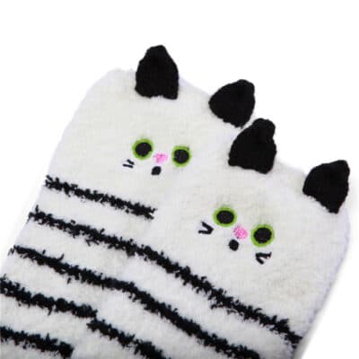 Cute Animal Coral Fleece Thigh High Socks 2 Pack-Bluewhite Bear & Blackwhite Cat
