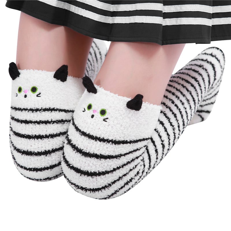 Cute Animal Coral Fleece Thigh High Socks 2 Pack-Bluewhite Bear & Blackwhite Cat