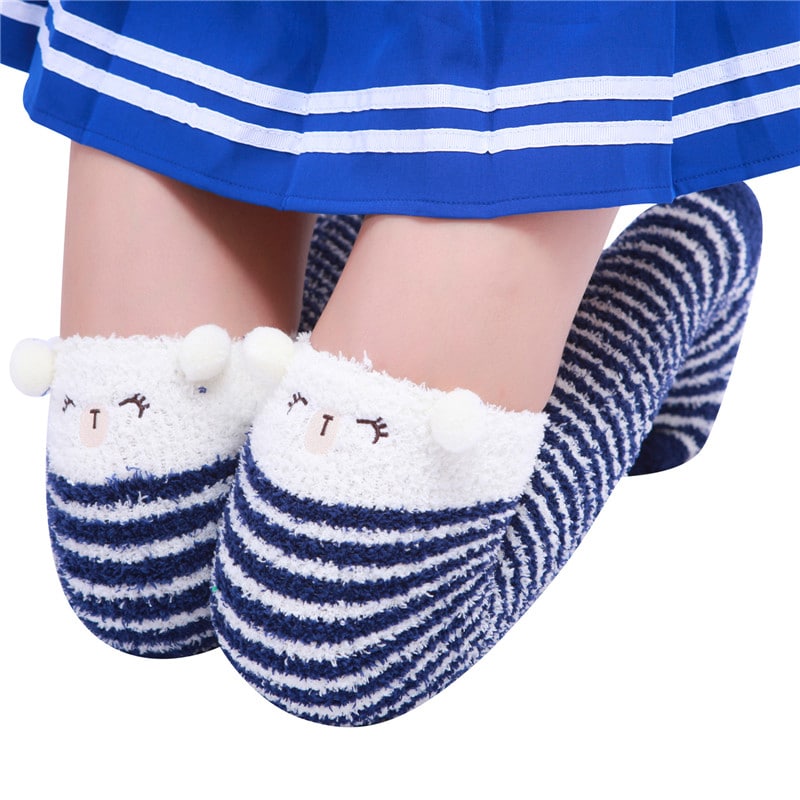 Cute Animal Coral Fleece Thigh High Socks 2 Pack-Bluewhite Bear & Blackwhite Cat