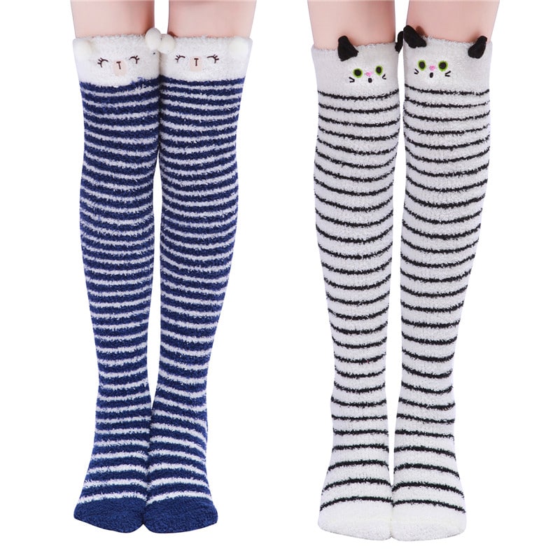 Cute Animal Coral Fleece Thigh High Socks 2 Pack-Bluewhite Bear & Blackwhite Cat