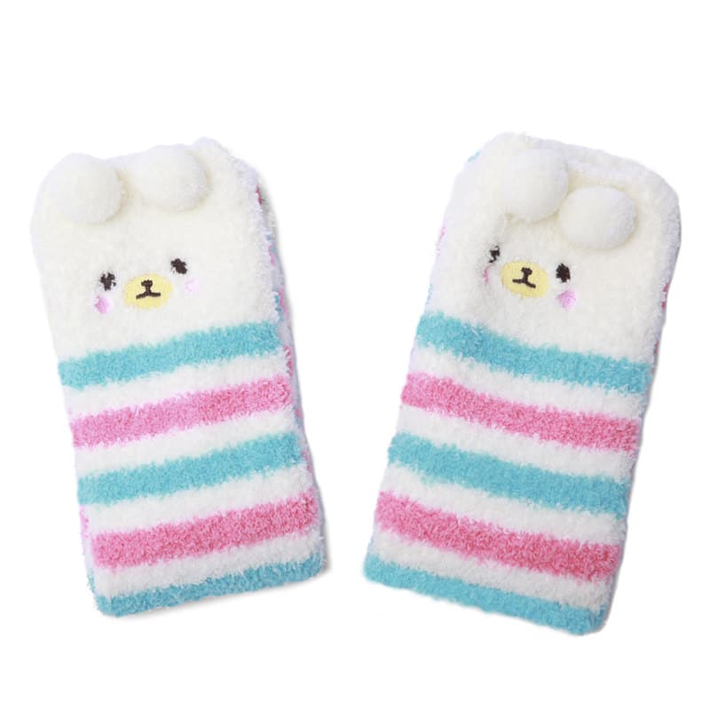 Cute Animal Coral Fleece Thigh High Socks 2 Pack- Owl & Colorful Bear