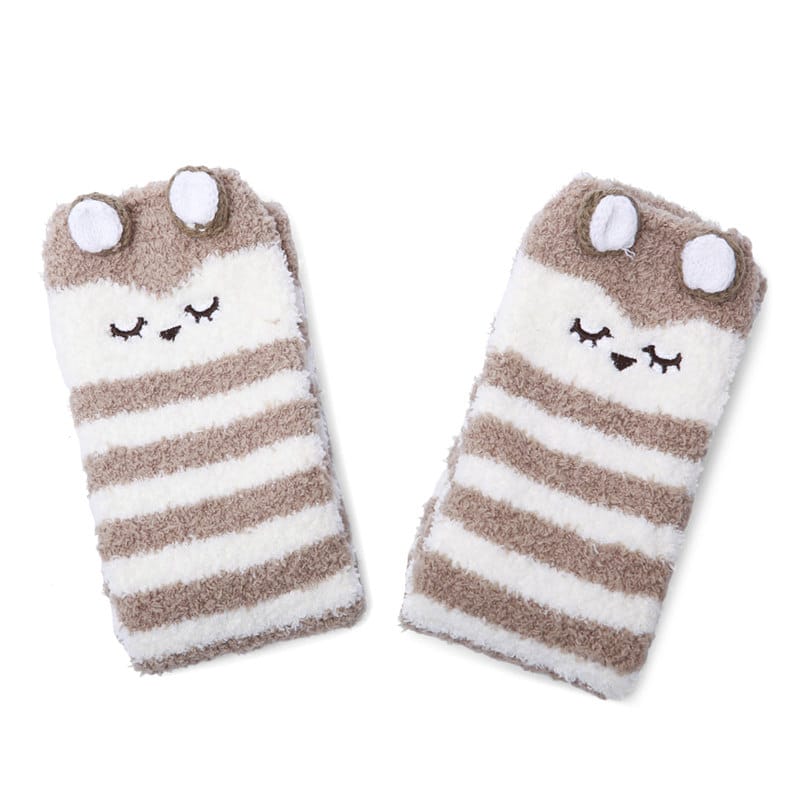 Cute Animal Coral Fleece Thigh High Socks 2 Pack- Owl & Colorful Bear