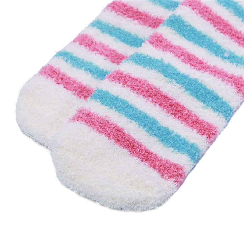 Cute Animal Coral Fleece Thigh High Socks 2 Pack- Owl & Colorful Bear