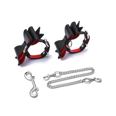 Prettybows Soft Lamb Leather Ankle Cuffs Set - Black/Red Leather & Silver Alloy