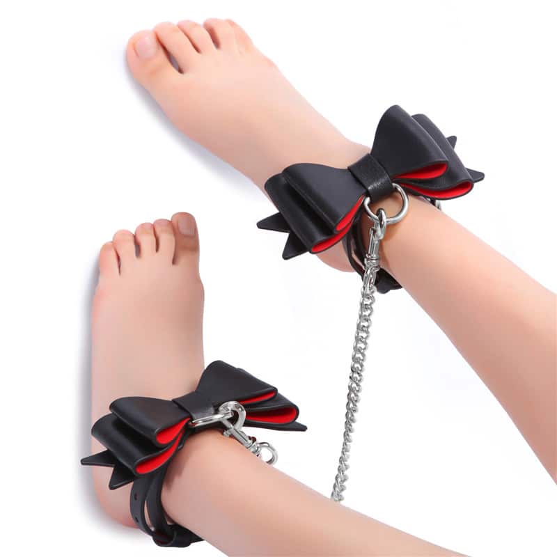 Prettybows Soft Lamb Leather Ankle Cuffs Set - Black/Red Leather