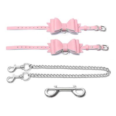 Prettybows Soft Lamb Leather Ankle Cuffs Set - Pink/White Leather & Silver Alloy