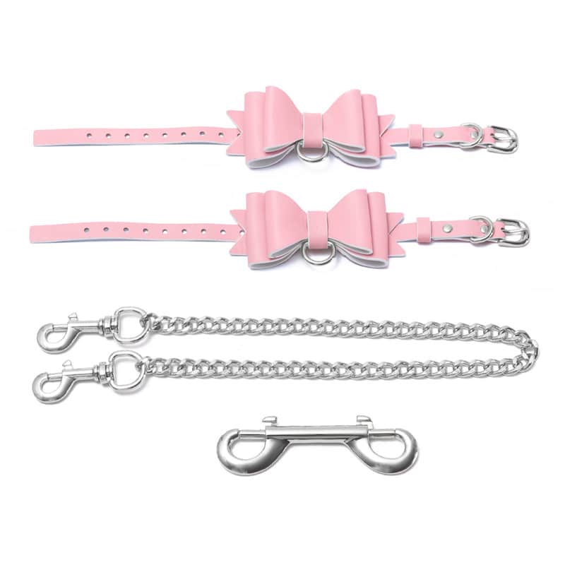 Prettybows Soft Lamb Leather Ankle Cuffs Set – Pink/White Leather & Silver Alloy