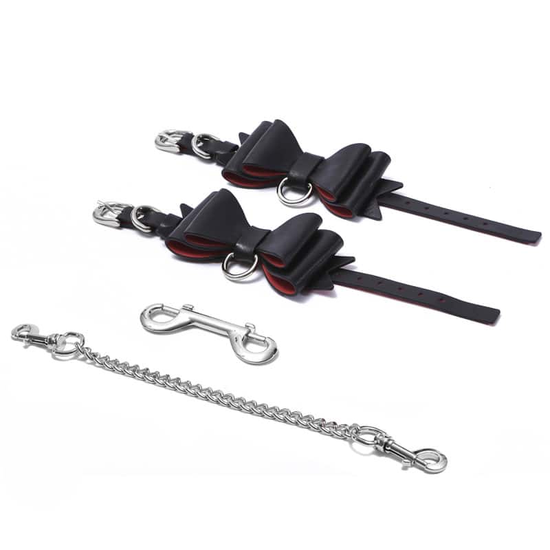 Prettybows Soft Lamb Leather Wrist Cuffs Set – Black/Red Leather & Silver Alloy