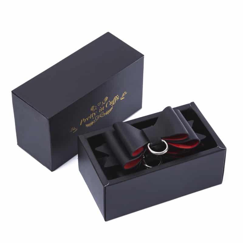 Prettybows Soft Lamb Leather Wrist Cuffs Set – Black/Red Leather & Silver Alloy