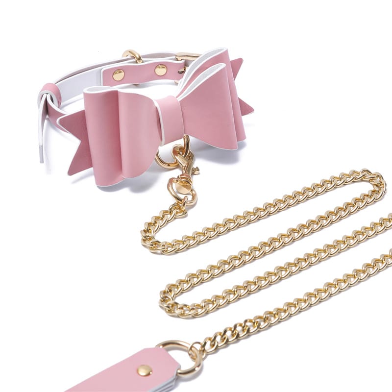 Prettybows Soft Lamb Leather Collar Leash Set – Pink/White Leather & Golden Alloy