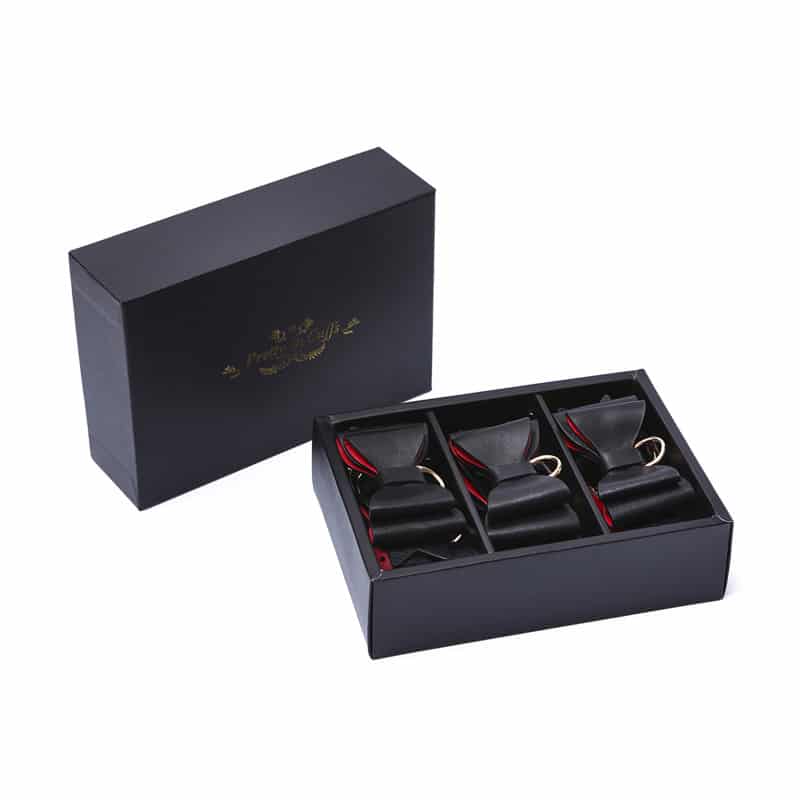 Prettybows Soft Lamb Leather Wrist Ankle Cuffs & Collar Leash Set – Black/Red Leather & Golden Alloy