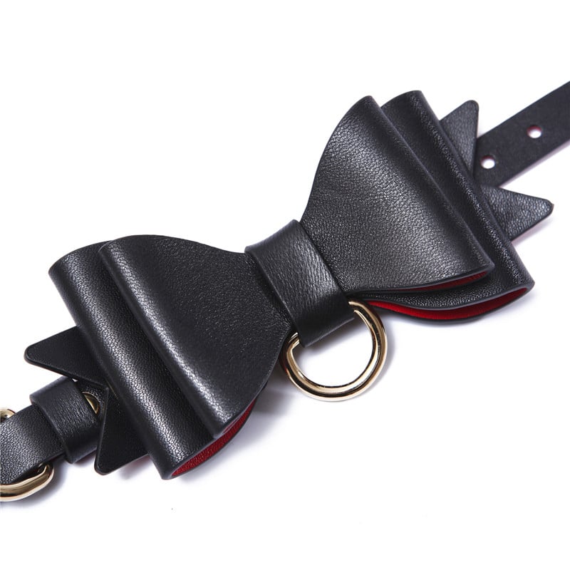 Prettybows Soft Lamb Leather Wrist Ankle Cuffs & Collar Leash Set – Black/Red Leather & Golden Alloy