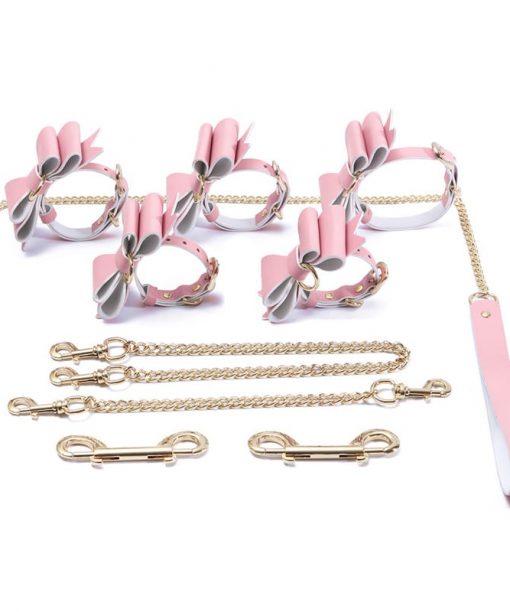 Prettybows Soft Lamb Leather Wrist Ankle Cuffs & Collar Leash Set – Pink/White Leather & Golden Alloy