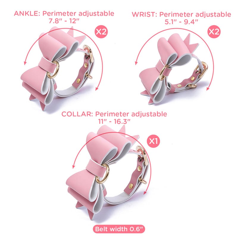 Prettybows Soft Lamb Leather Wrist Ankle Cuffs & Collar Leash Set – Pink/White Leather & Golden Alloy