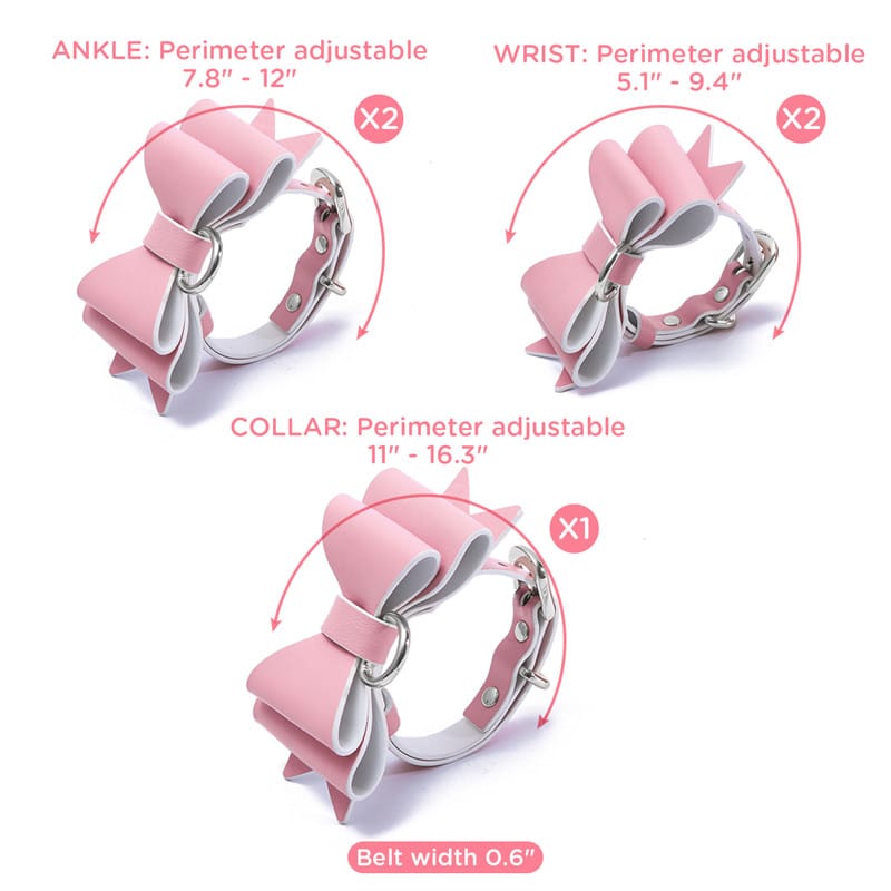 Prettybows Soft Lamb Leather Wrist Ankle Cuffs & Collar Leash Set – Pink/White Leather & Silver Alloy