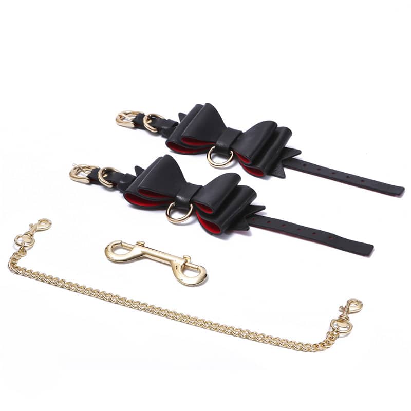 Prettybows Soft Lamb Leather Ankle Cuffs Set – Black/Red Leather & Golden Alloy