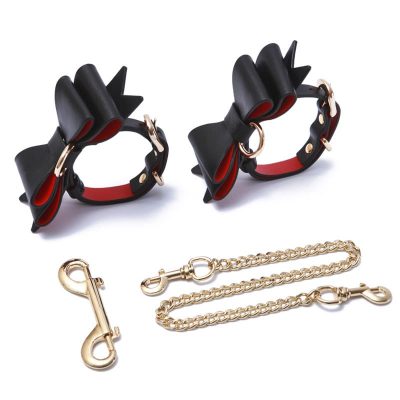 Prettybows Soft Lamb Leather Ankle Cuffs Set - Black/Red Leather & Golden Alloy
