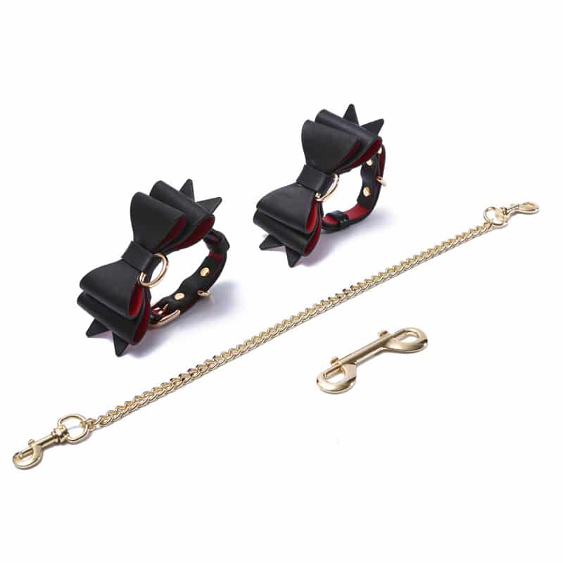 Prettybows Soft Lamb Leather Ankle Cuffs Set – Black/Red Leather & Golden Alloy