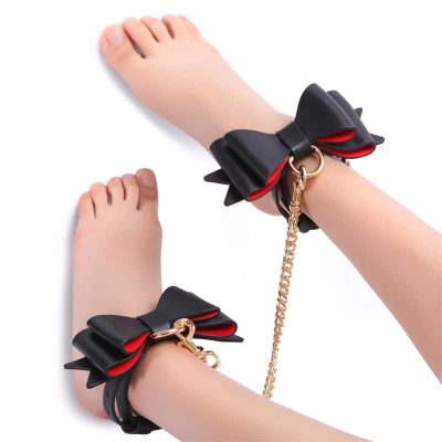 Prettybows Soft Lamb Leather Ankle Cuffs Set - Black/Red Leather & Golden Alloy