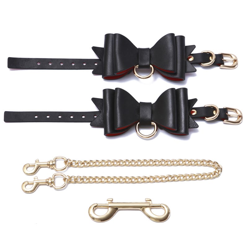 Prettybows Soft Lamb Leather Ankle Cuffs Set – Black/Red Leather & Golden Alloy