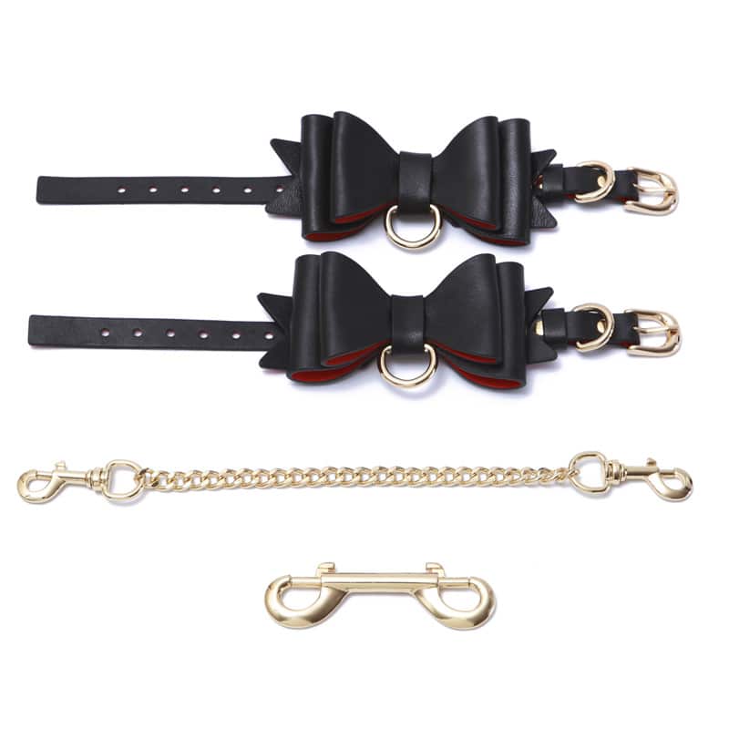 Prettybows Soft Lamb Leather Wrist Cuffs Set – Black/Red Leather & Golden Alloy