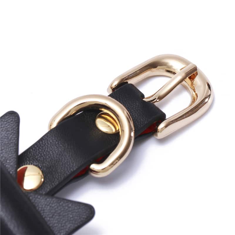 Prettybows Soft Lamb Leather Wrist Cuffs Set – Black/Red Leather & Golden Alloy