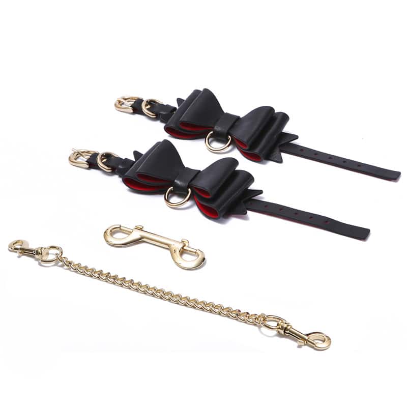 Prettybows Soft Lamb Leather Wrist Cuffs Set – Black/Red Leather & Golden Alloy