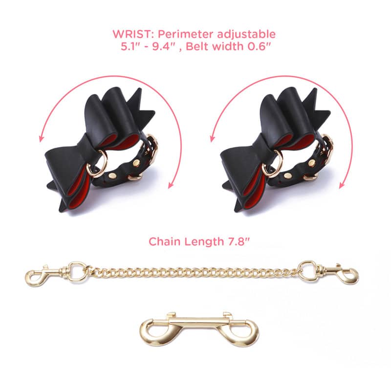 Prettybows Soft Lamb Leather Wrist Cuffs Set – Black/Red Leather & Golden Alloy