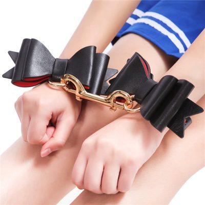 Prettybows Soft Lamb Leather Wrist Cuffs Set - Black/Red Leather & Golden Alloy