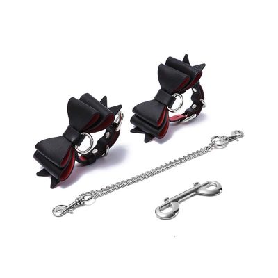 Prettybows Soft Lamb Leather Wrist Cuffs Set - Black/Red Leather & Silver Alloy