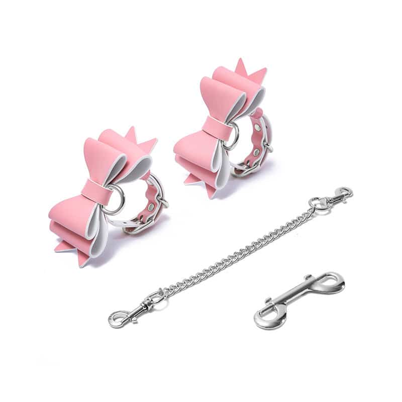 Prettybows Soft Lamb Leather Wrist Cuffs Set – Pink/White Leather & Silver Alloy