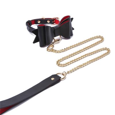 Prettybows Soft Lamb Leather Collar Leash Set - Black/Red Leather & Golden Alloy