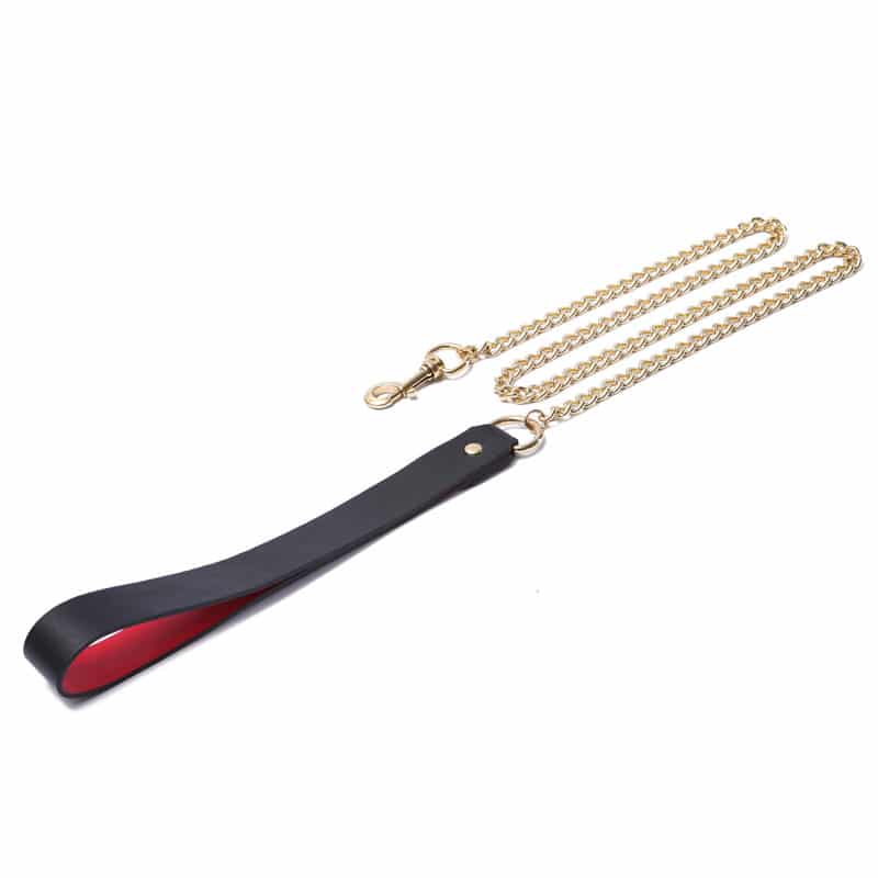 Prettybows Soft Lamb Leather Collar Leash Set – Black/Red Leather & Golden Alloy