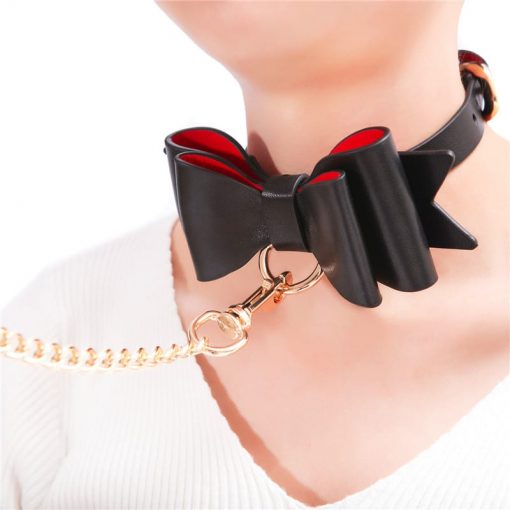 Prettybows Soft Lamb Leather Collar Leash Set – Black/Red Leather & Golden Alloy