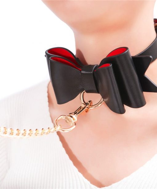Prettybows Soft Lamb Leather Collar Leash Set – Black/Red Leather & Golden Alloy