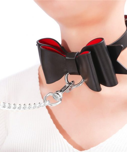 Prettybows Soft Lamb Leather Collar Leash Set – Black/Red Leather & Silver Alloy
