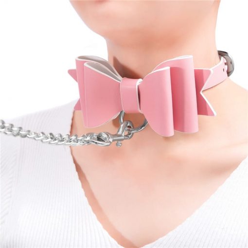 Prettybows Soft Lamb Leather Collar Leash Set – Pink/White Leather & Silver Alloy
